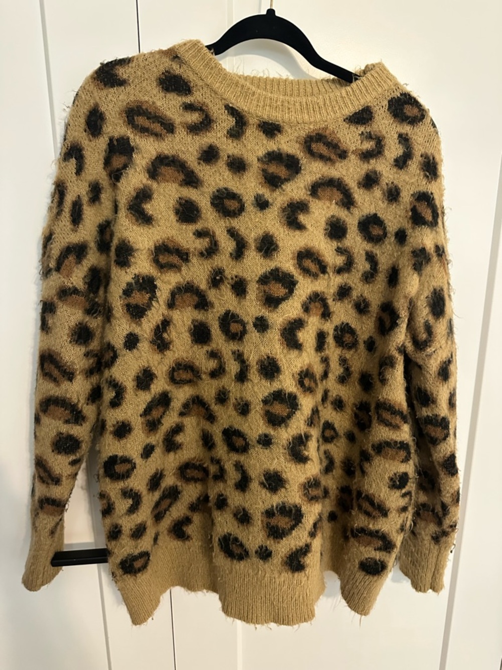 Vine & Love Fuzzy Leopard Print Crewneck Sweater - Camel & Black